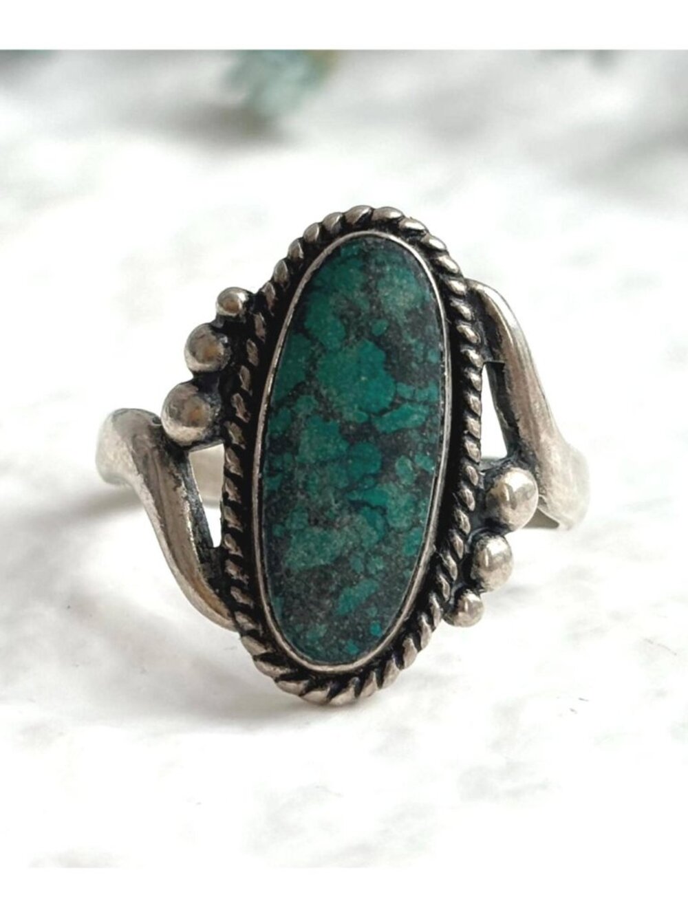 Green Turquoise Beaded Southwest Style Sterling Silver 925 Vintage Ring sz 7.5